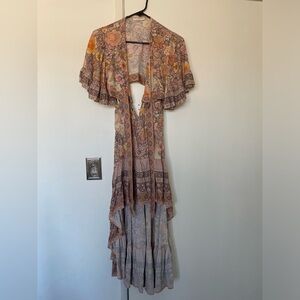 Spell floral high-low wrap dress in blush, mustard, and mauve